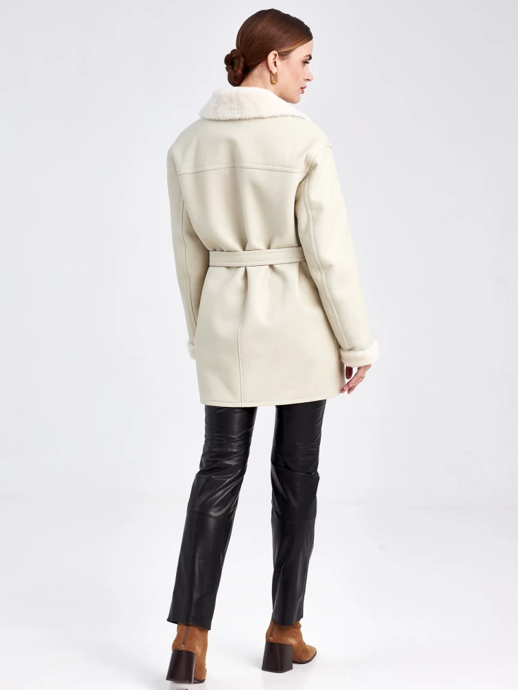 Женская куртка пиджак из меховой овчины с поясом премиум класса 2011, белая, размер 48, артикул 63600-6