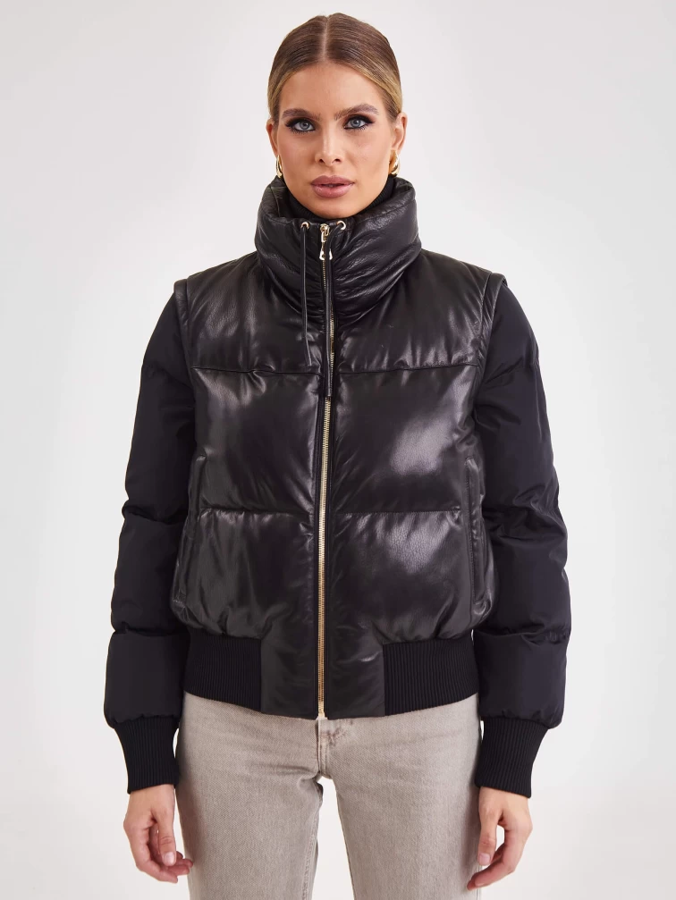 Комбинированный короткий кожаный женский пуховик премиум класса 3029, черный, размер 46, артикул 25330-6