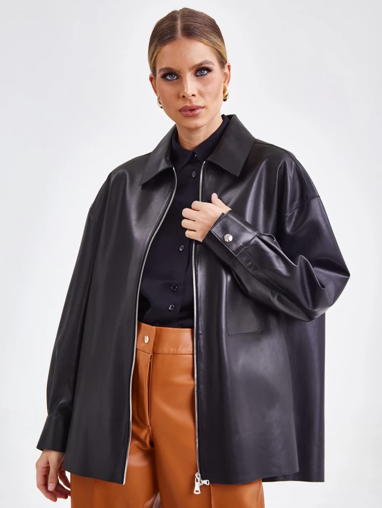 Кожаная женская куртка на молнии премиум класса 03, черная, размер 44, артикул 24750-1