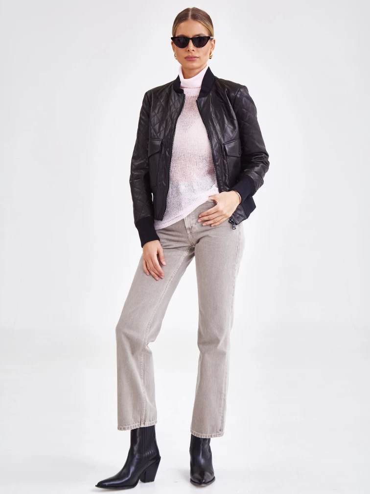 Кожаный стеганый женский бомбер премиум класса 3042, черный, размер 50, артикул 23251-4