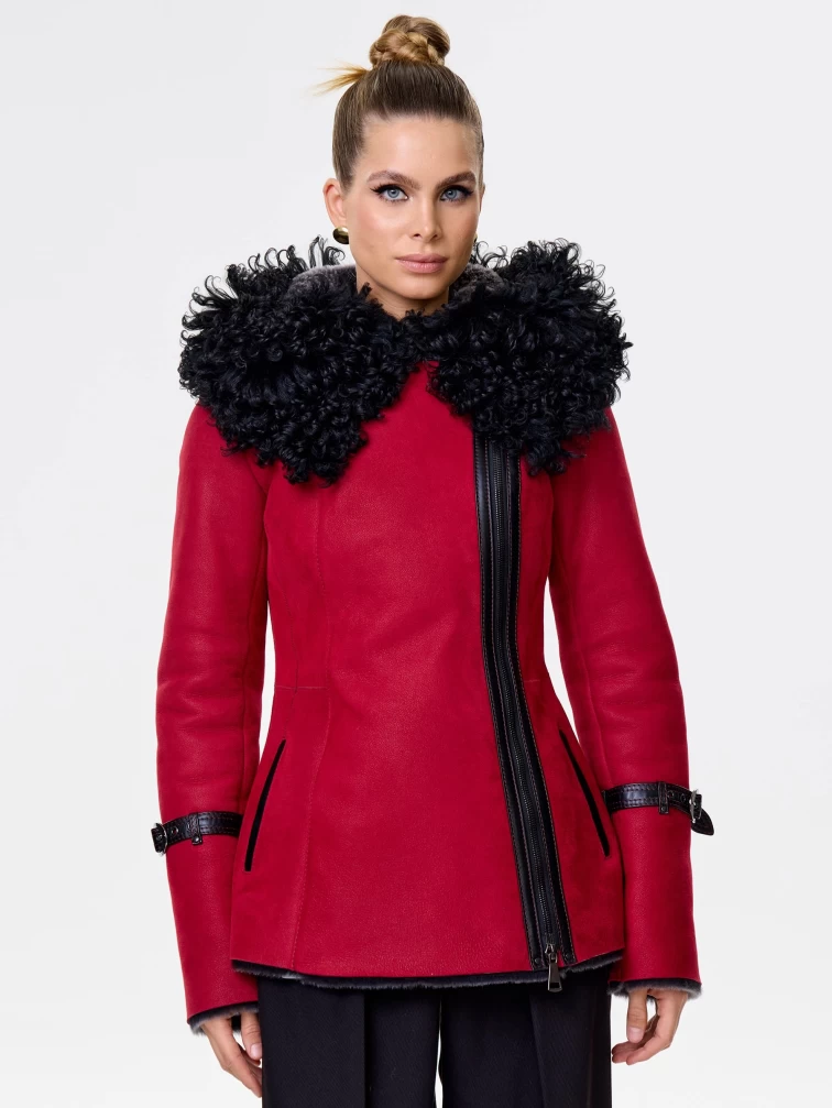 Женская дубленка косуха с капюшоном и отделкой овчиной тиградо 288, красная, размер 42, артикул 14730-7