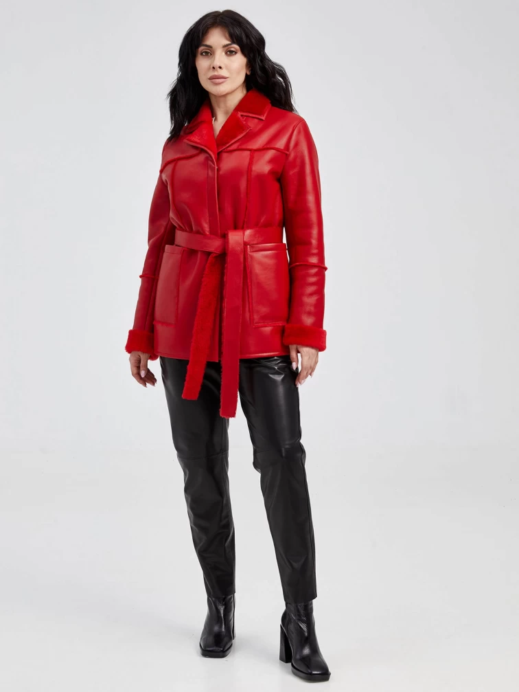 Женская короткая дубленка с поясом премиум класса 207, красная, размер 48, артикул 62520-3
