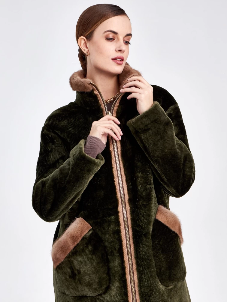 Женская двусторонняя дубленка из астрагана с мехом норки премиум класса 2018, хаки, размер 44, артикул 62771-0