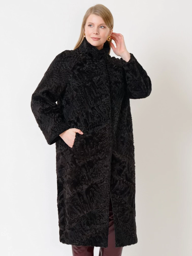 Длинная шуба из меха каракуля женская 17101, коричневая, размер 44, артикул 22700-0