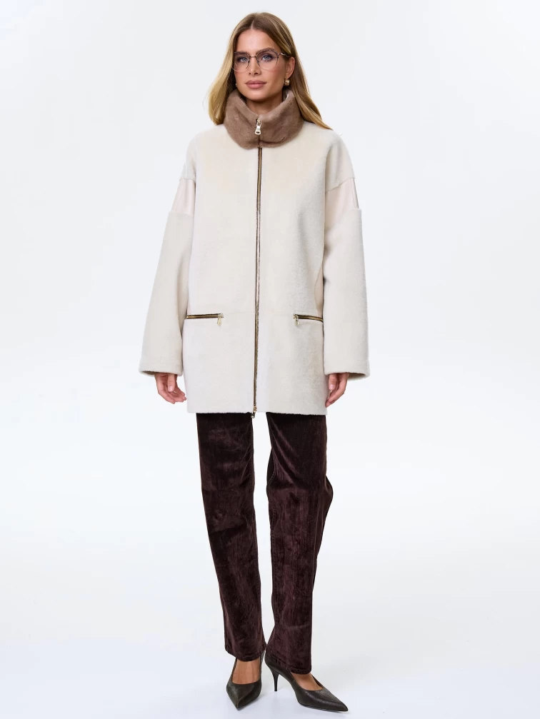 Женское полупальто с норковым воротником из натуральной овчины премиум класса 2057, белое, размер 44, артикул 64510-5