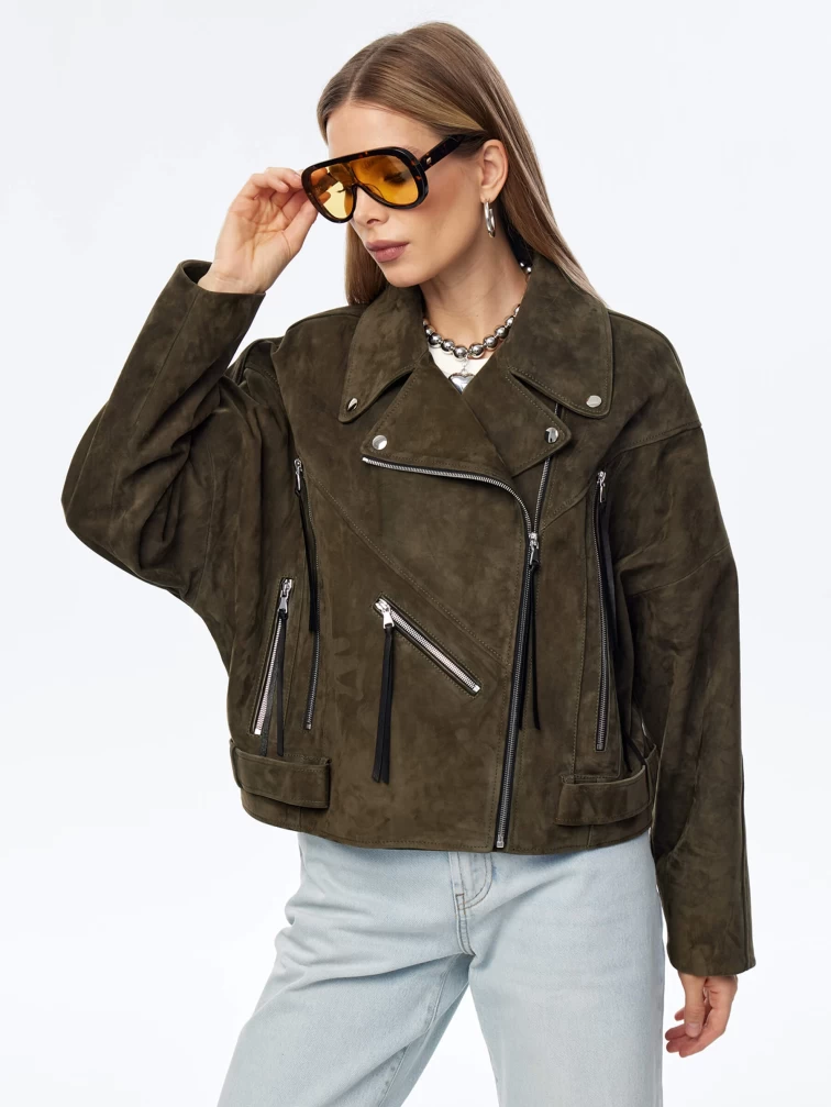 Короткая женская замшевая куртка косуха премиум класса 3051з, хаки, размер 44, артикул 23930-0