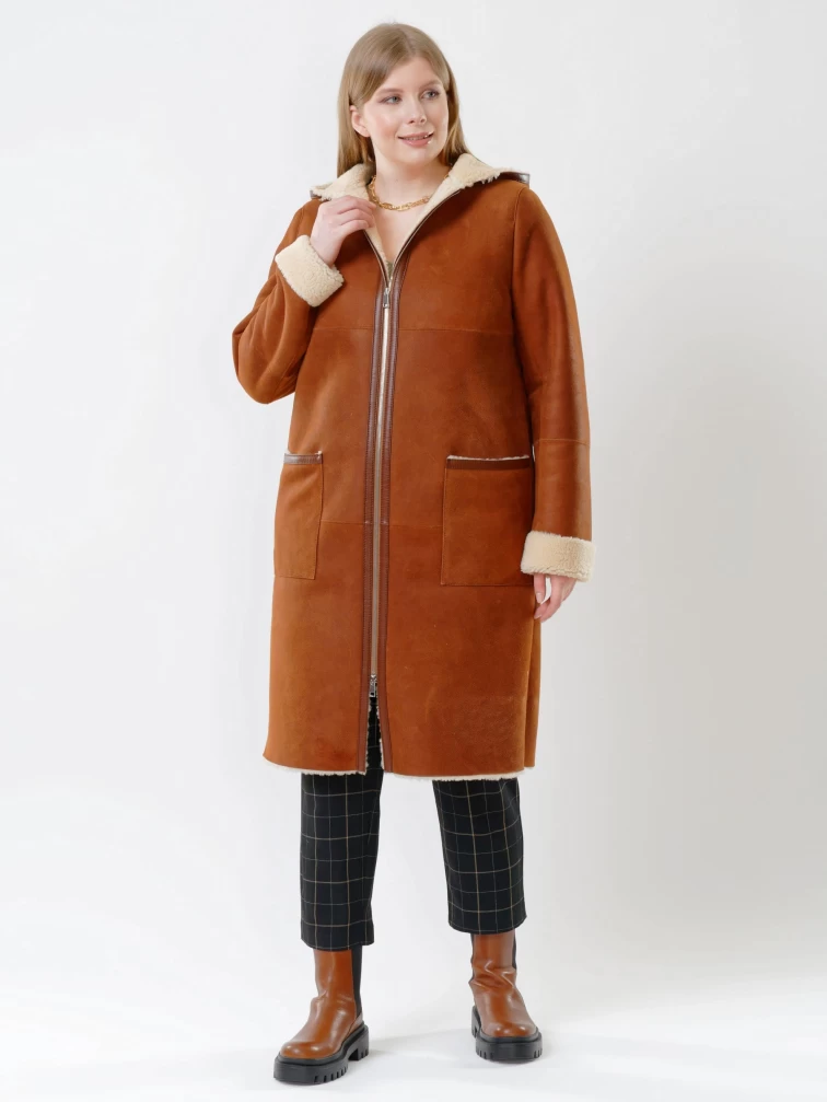 Женская длинная дубленка из керли с капюшоном 203, табачно-рыжая, размер 44, артикул 61500-1