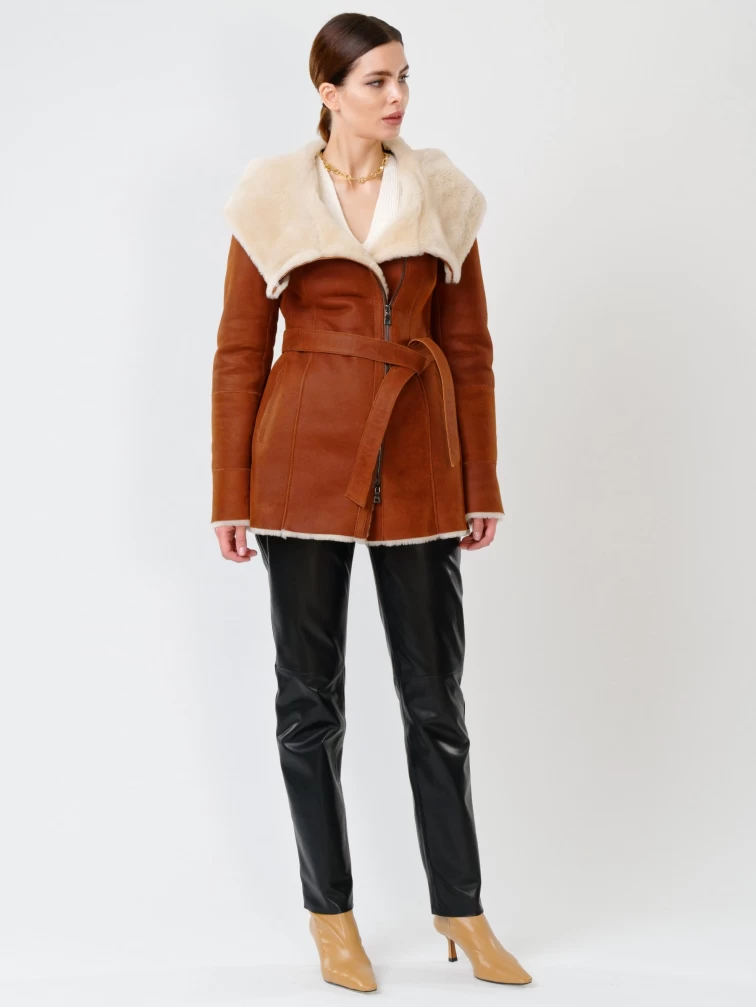 Короткая женская дубленка косуха с капюшоном 200, табачно-рыжая, размер 44, артикул 61701-3