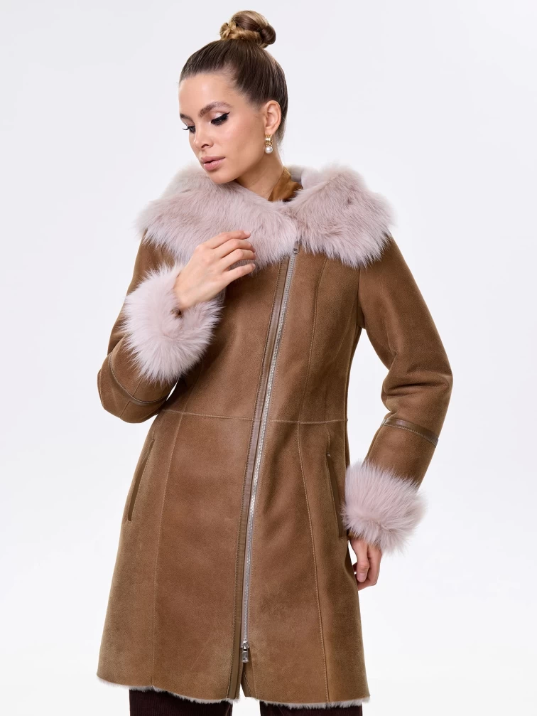 Женская дубленка косуха с капюшоном из тосканы 283, бежевая, размер 48, артикул 61832-3