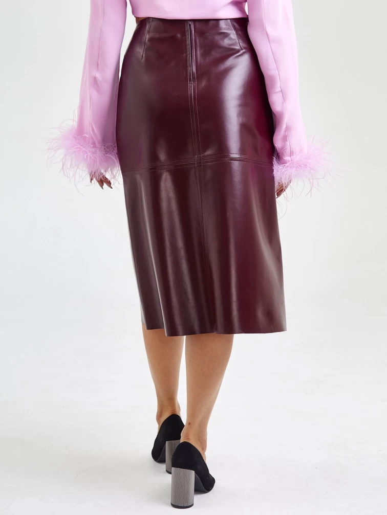 Кожаная юбка миди 09, бордовая, размер 44, артикул 85570-5