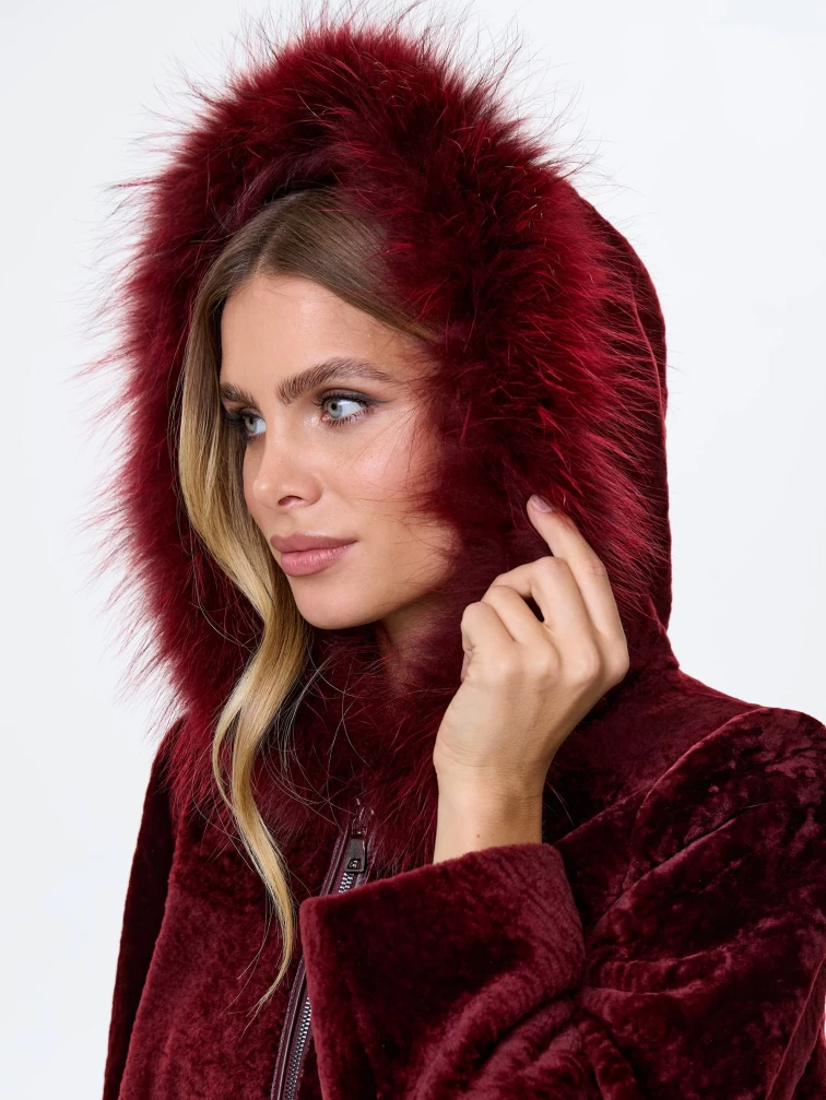 Женская дубленка из астрагана с капюшоном 48мех, бордовая, размер 48, артикул 64600-2