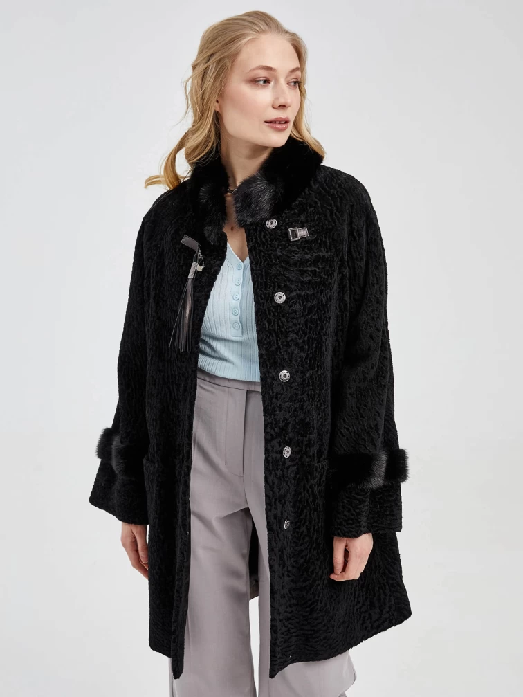 Шуба из астрагана с отделкой из меха норки для женщин 29мех, черная, размер 48, артикул 13590-5