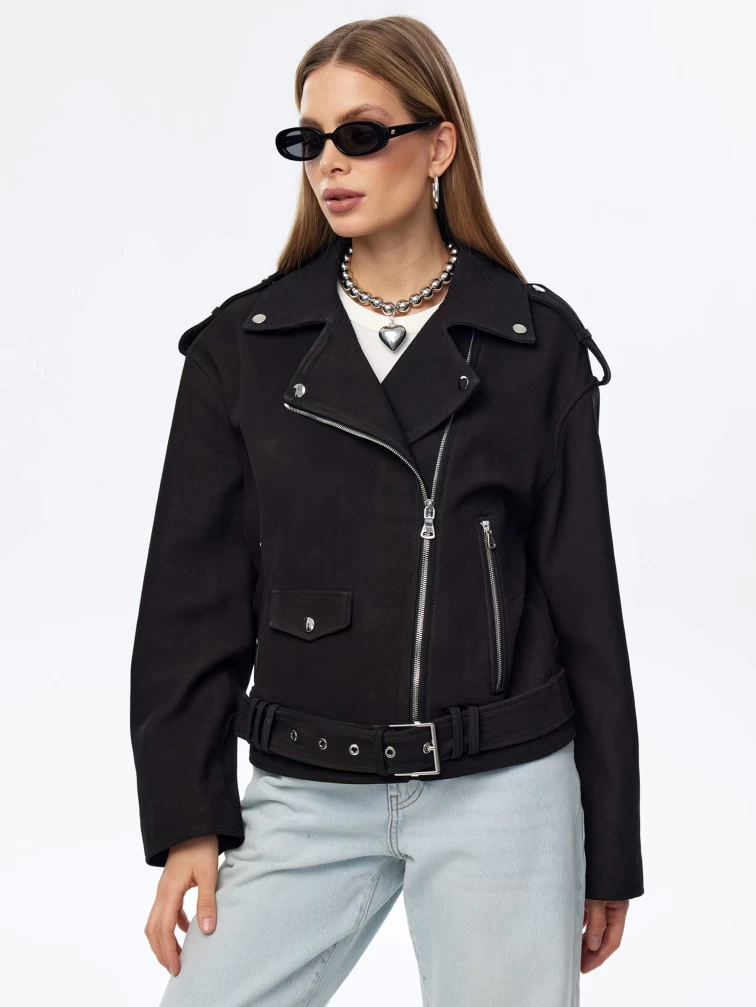 Короткая женская кожаная куртка косуха с поясом премиум класса 3052, черная, размер 48, артикул 23950-5