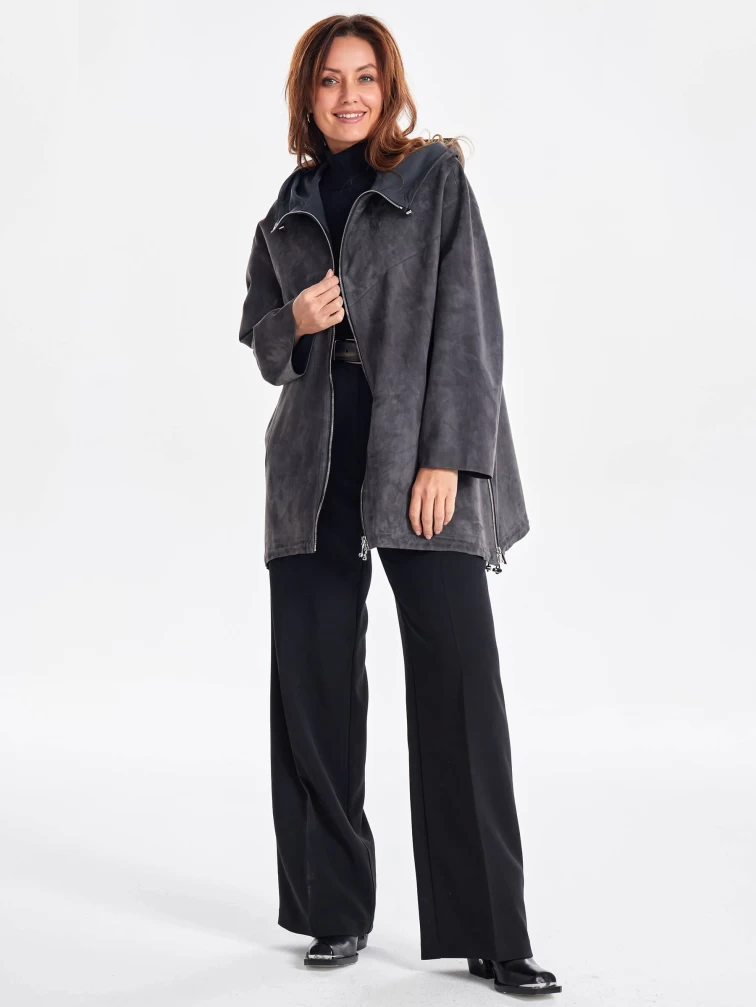 Замшевый женский плащ оверсайз на молнии с капюшоном премиум класса 3053з, темно-серый, размер 48, артикул 23480-0