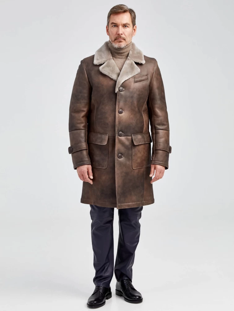 Длинная классическая мужская дубленка 419, серо-коричневая, размер 48, артикул 70861-6