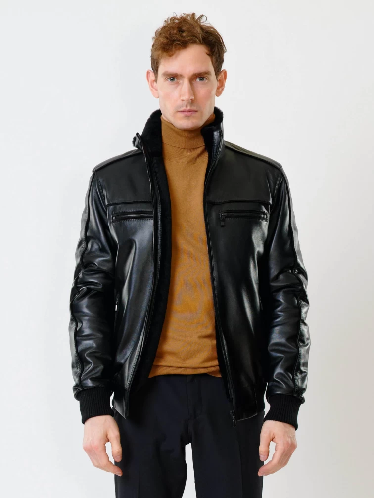 Мужская зимняя кожаная куртка на подстежке из овчины 515, черная, размер 50, артикул 40840-0