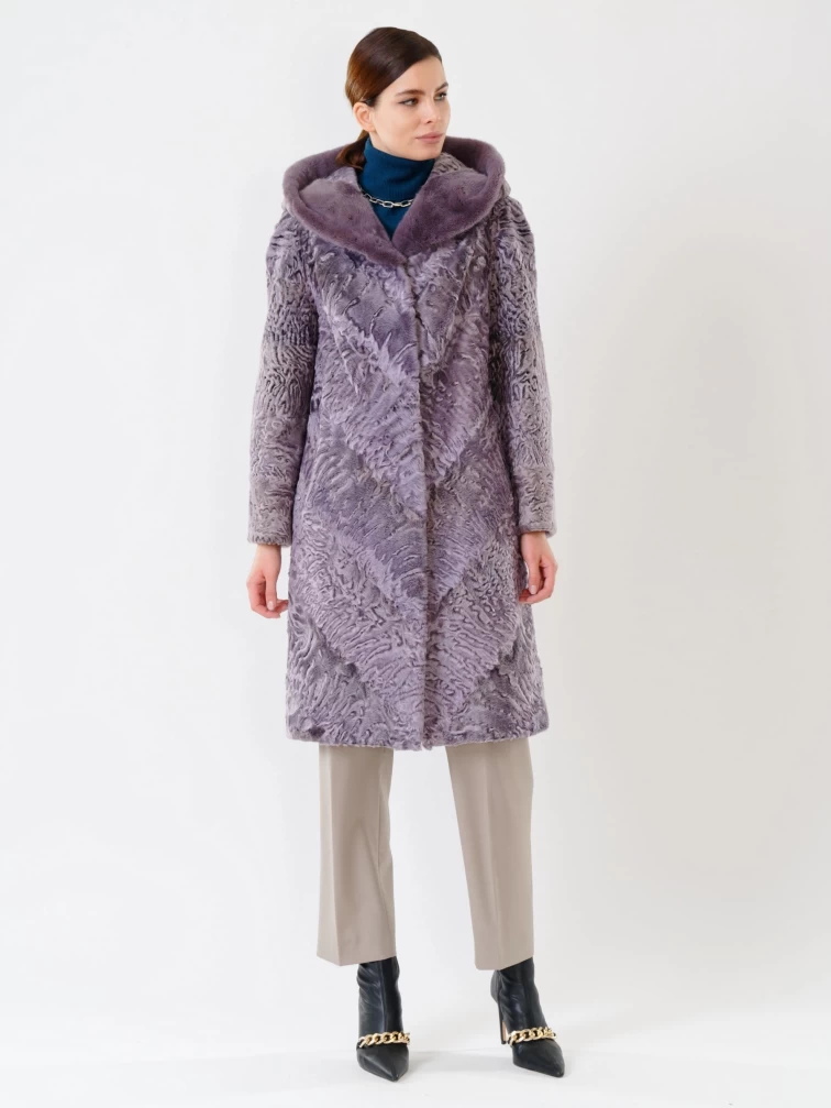 Каракулевая женская шуба с капюшоном и мехом норки 336(кн), фиолетовая, размер 48, артикул 22640-3