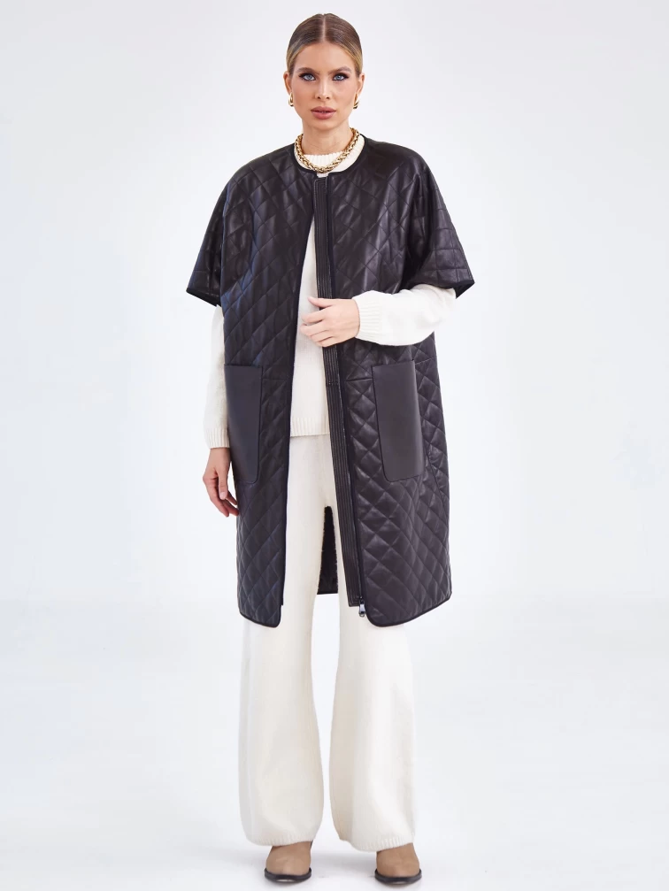 Кожаный женский стеганый жилет премиум класса 07, черный, размер 44, артикул 91971-3