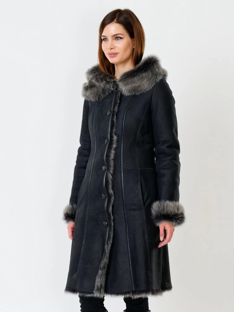 Длинная женская дубленка из тосканы с капюшоном 123нк, черная, размер 52, артикул 61871-1