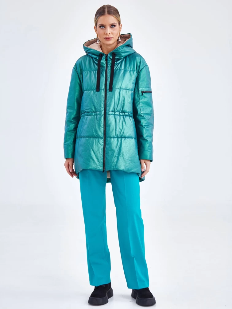 Кожаный женский пуховик оверсайз с капюшоном премиум класса 3021, зеленый, размер 48, артикул 25320-5