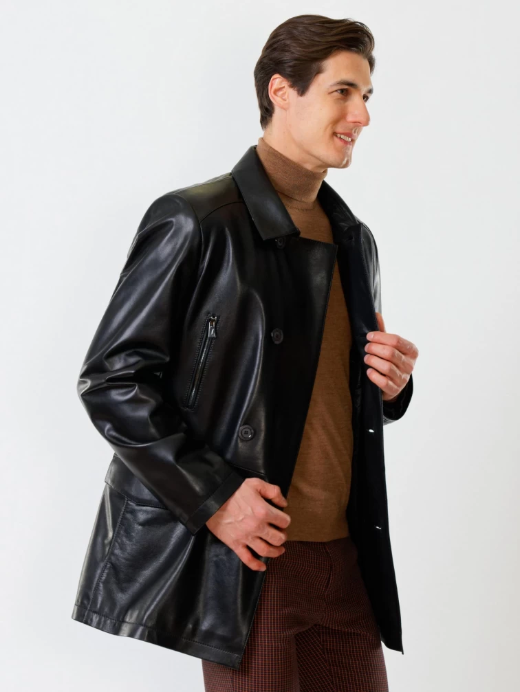 Двубортный мужской кожаный бушлат премиум класса 538, черный, размер 58, артикул 28671-6