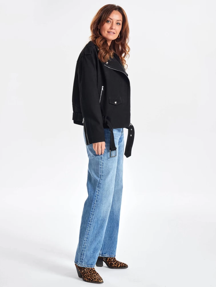 Короткая кожаная куртка косуха с поясом для женщин премиум класса 3052, черная, размер 48, артикул 23440-6