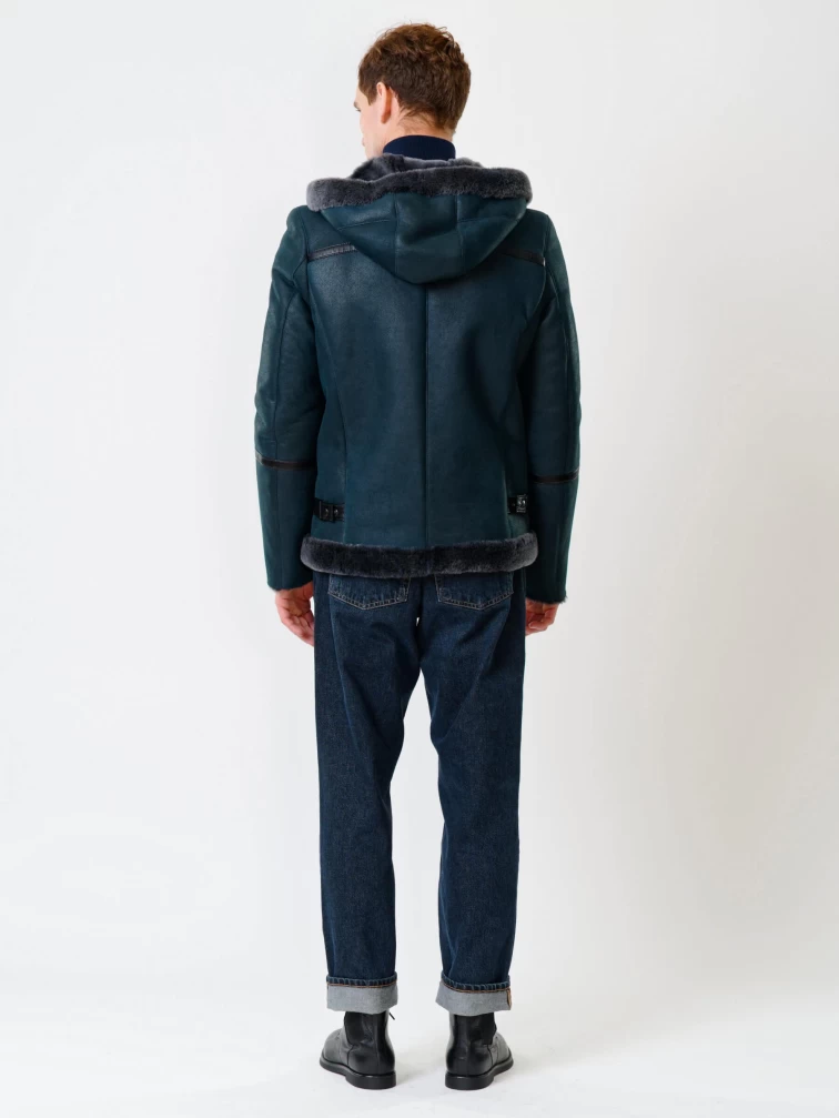 Короткая мужская дубленка с капюшоном премиум класса 425, синяя, размер 50, артикул 70320-4