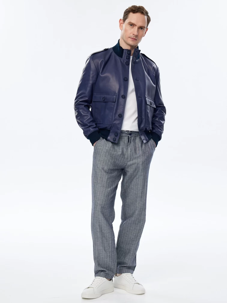 Мужская кожаная куртка бомбер премиум класса Роми, синяя, размер 48, артикул 29720-6