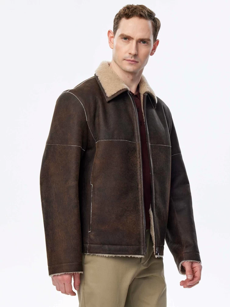 Короткая дубленка из овчины керли премиум класса для мужчин 140, коричневая, размер 52, артикул 71510-2