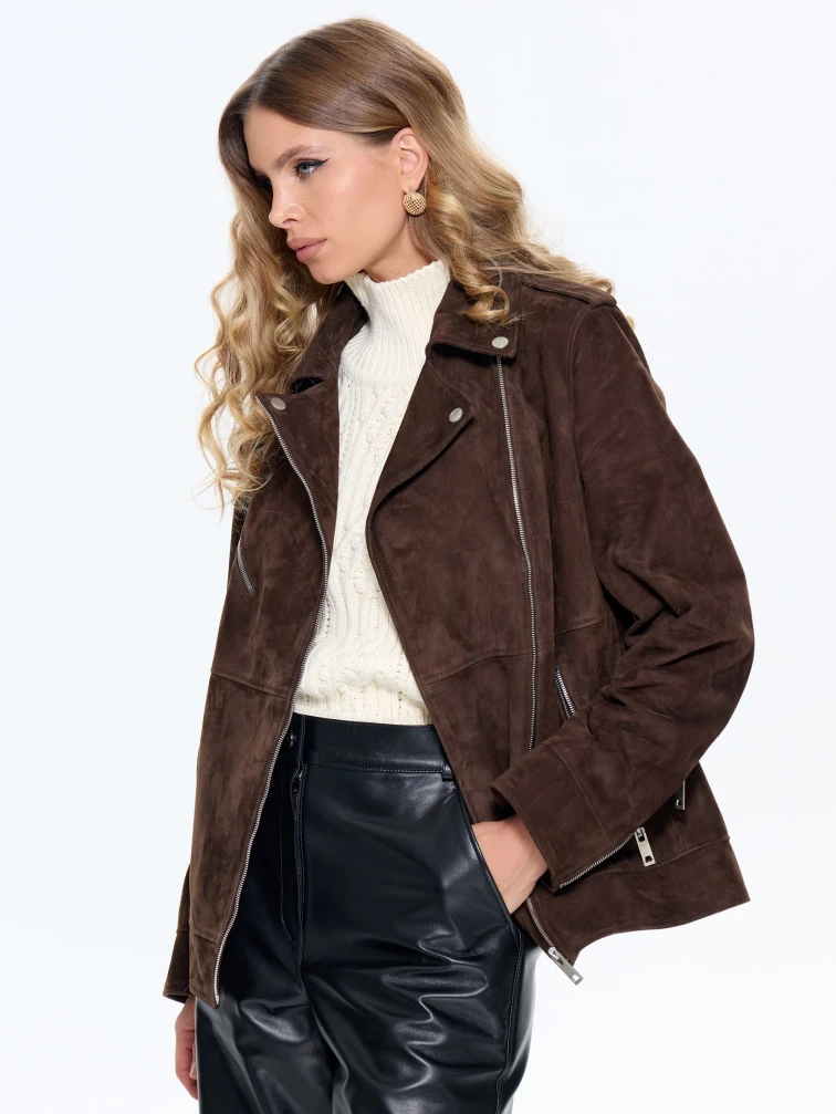 Замшевая женская куртка косуха премиум класса 3079з, коричневая, размер 42, артикул 24700-6