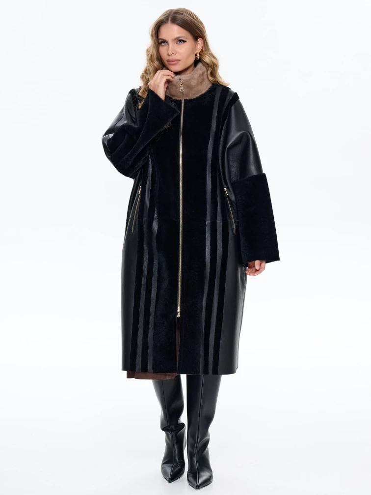 Женская дубленка на молнии с норковым воротником премиум класса 2040, черная, размер 46, артикул 63120-6