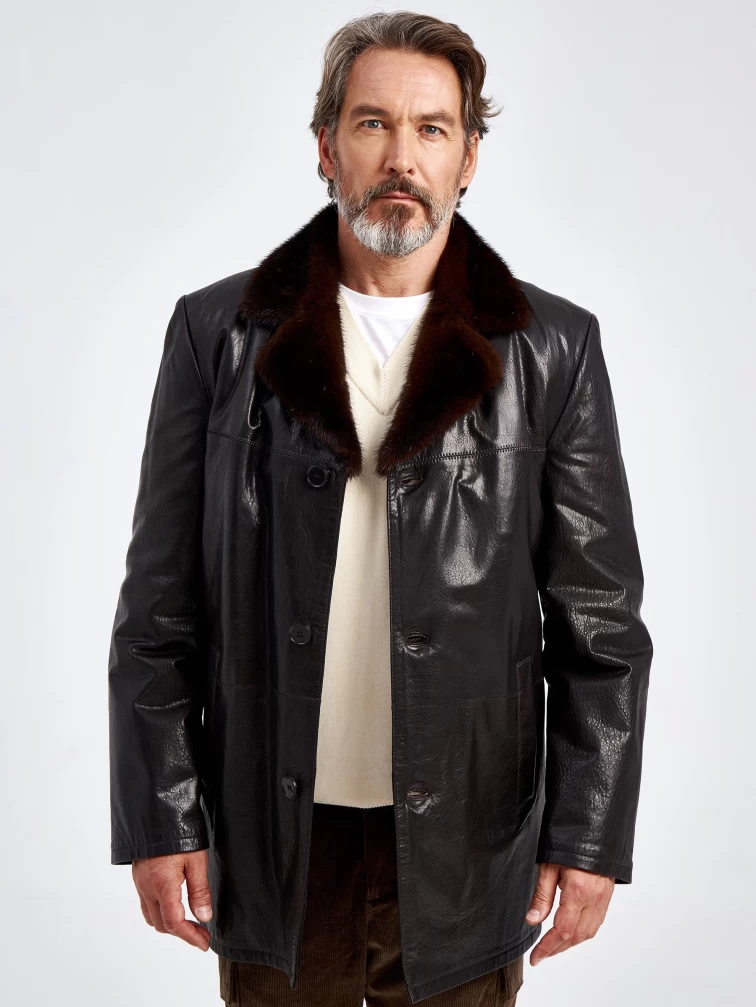 Кожаная мужская дубленка с воротником из меха норки премиум класса 5450, коричневая, размер 46, артикул 70950-2