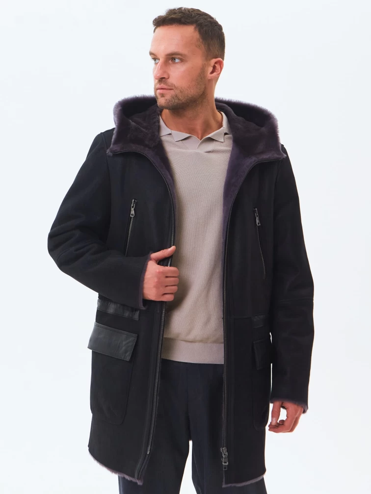 Длинная мужская дубленка с капюшоном премиум класса 429, черная, размер 48, артикул 71461-5