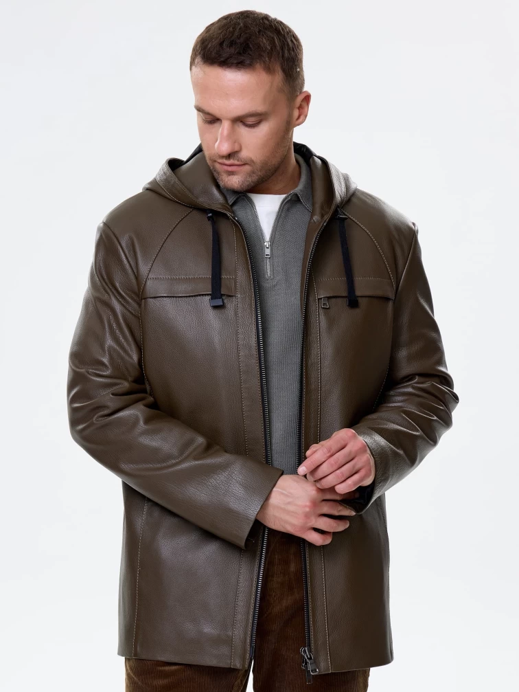 Мужская кожаная куртка с капюшоном премиум класса 552, хаки, размер 52, артикул 41130-1