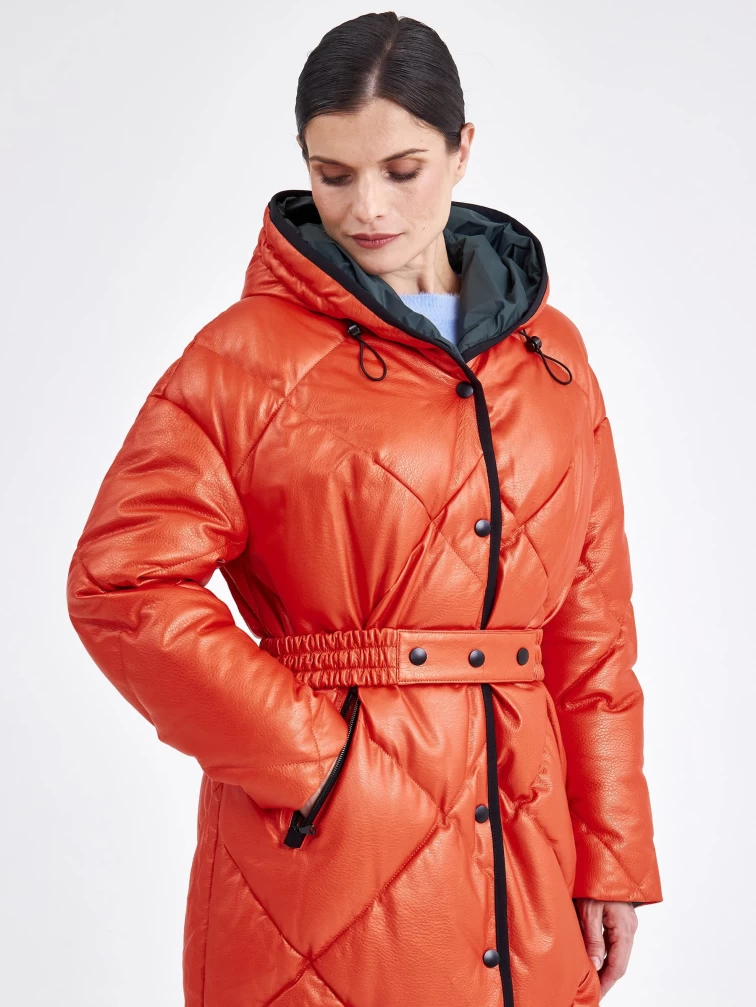 Кожаное женское стеганое пальто с капюшоном премиум класса 3026, оранжевое, размер 48, артикул 25410-1