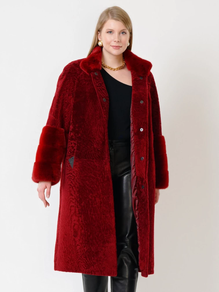 Дубленка из астрагана с отделкой мехом норки для женщин 52мех, бордовая, размер 50, артикул 17540-1