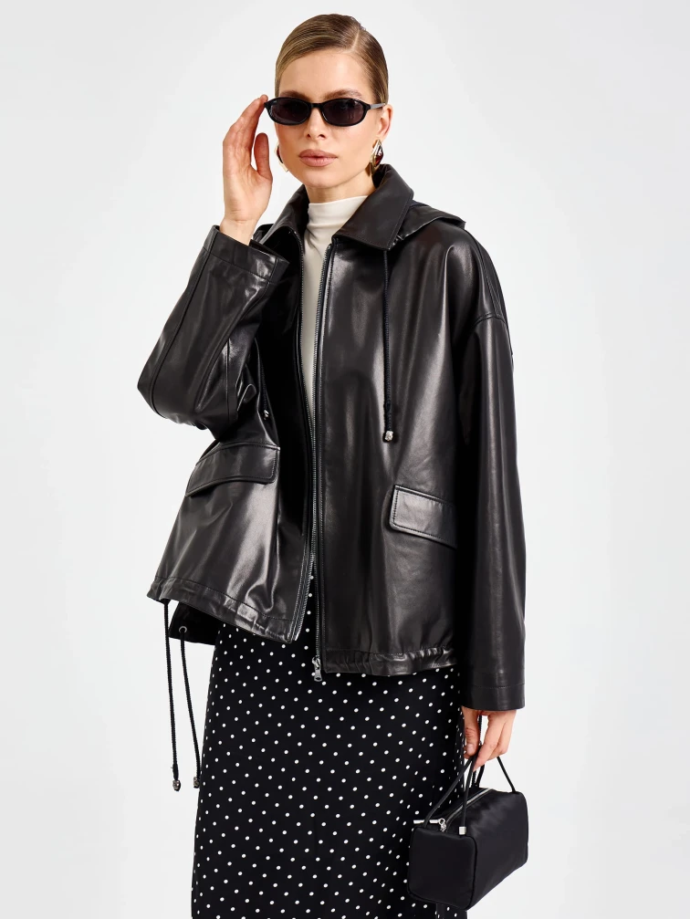 Черная женская кожаная куртка с капюшоном премиум класса 3102, размер 48, артикул 92210-4