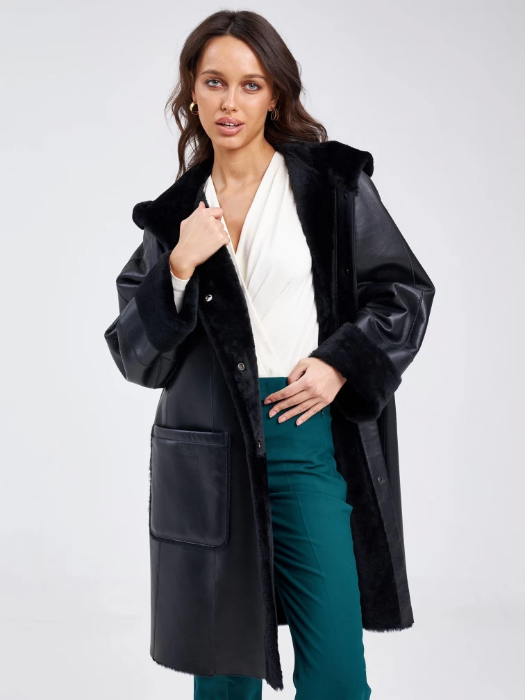 Женское классическое пальто с капюшоном из натуральной овчины премиум класса 2004, черное, размер 56, артикул 63800-4