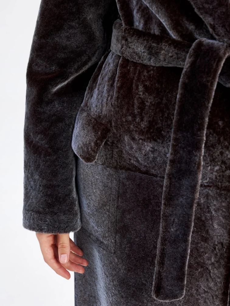 Длинная двусторонняя женская дубленка из астрагана с поясом премиум класса 2048, баклажановая, размер 50, артикул 63270-2