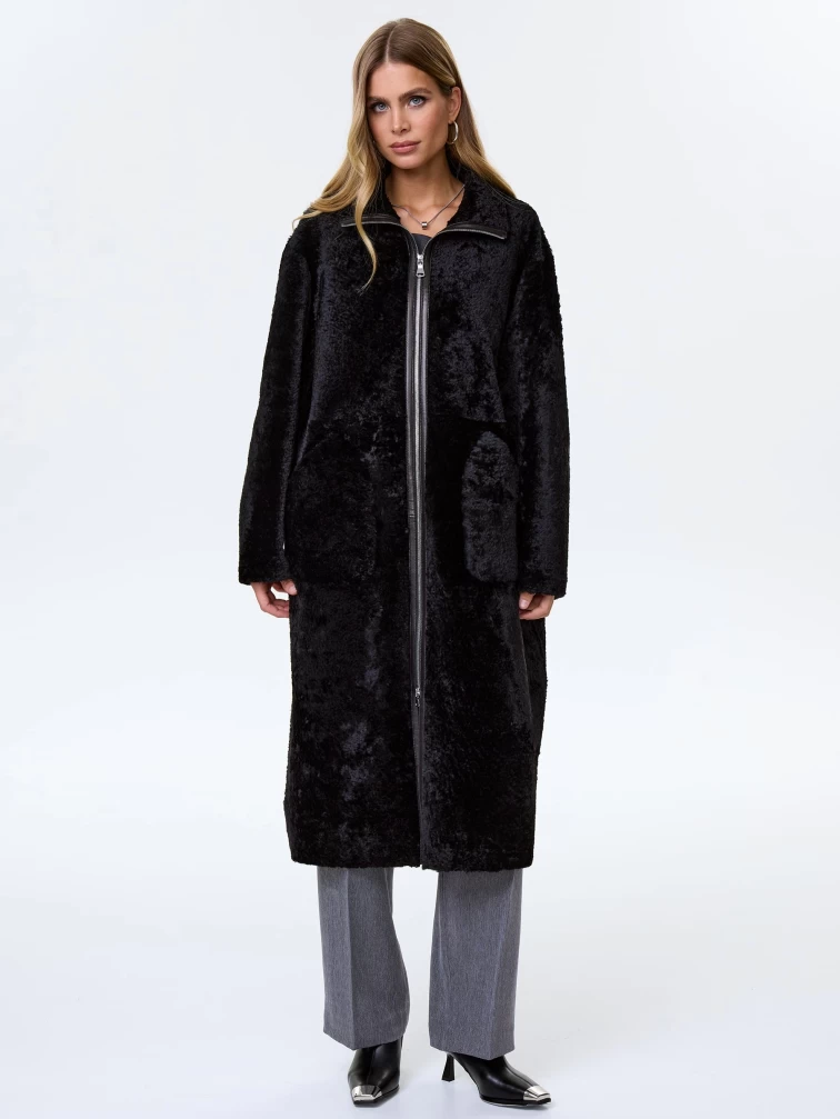 Длинная женская дубленка из астрагана премиум класса 2060, черная, размер 46, артикул 62490-6