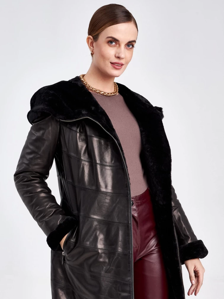 Кожаный плащ зимний женский 391мех, с капюшоном, черный, размер 46, артикул 92040-3