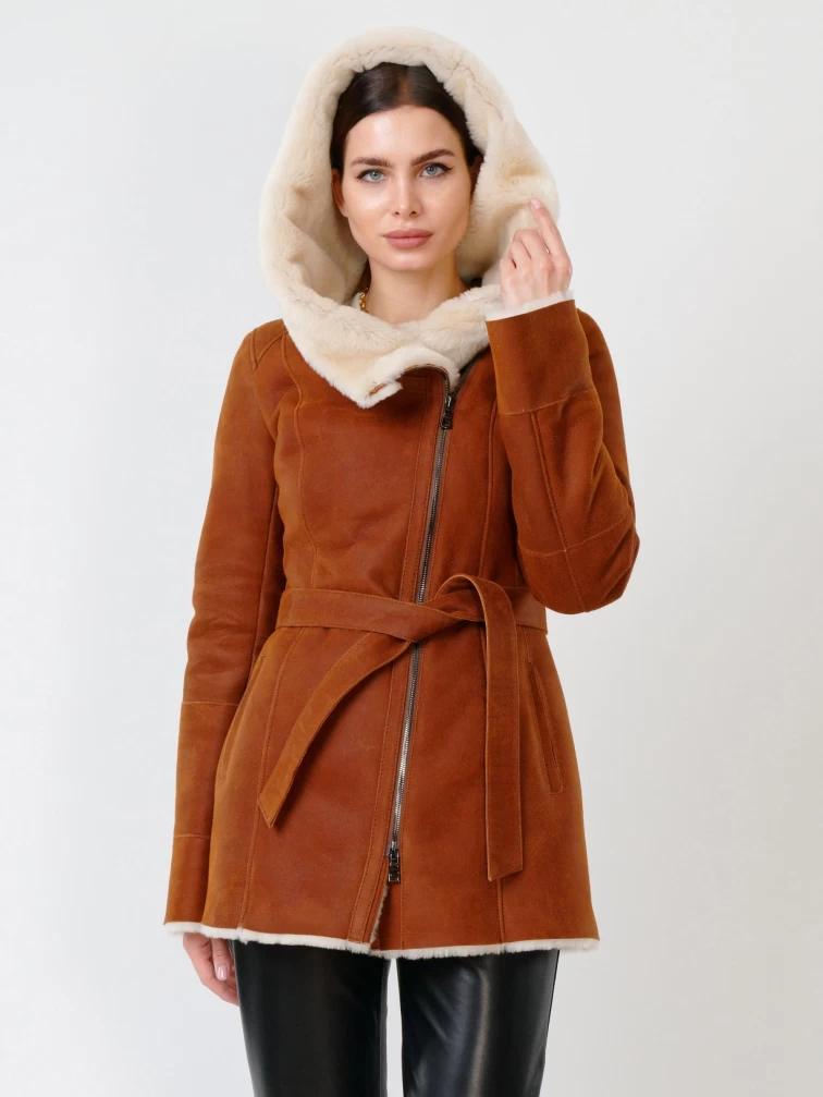Короткая женская дубленка косуха с капюшоном 200, табачно-рыжая, размер 44, артикул 61701-2