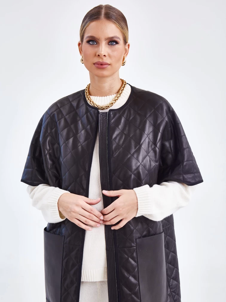 Кожаный женский стеганый жилет премиум класса 07, черный, размер 44, артикул 91971-0