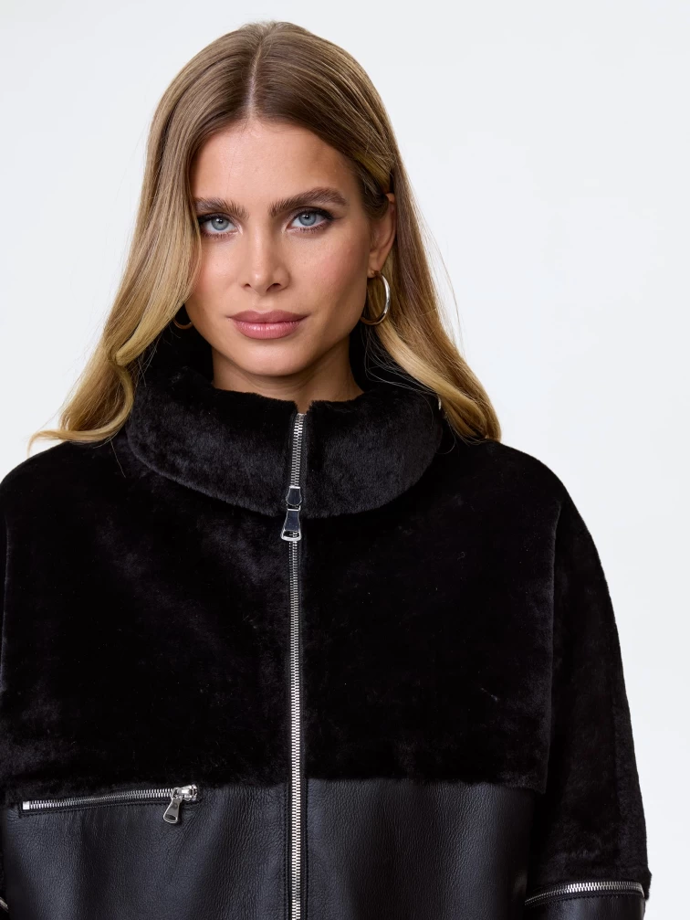 Стильное женское полупальто из натуральной овчины премиум класса 2051, черное, размер 48, артикул 64380-1