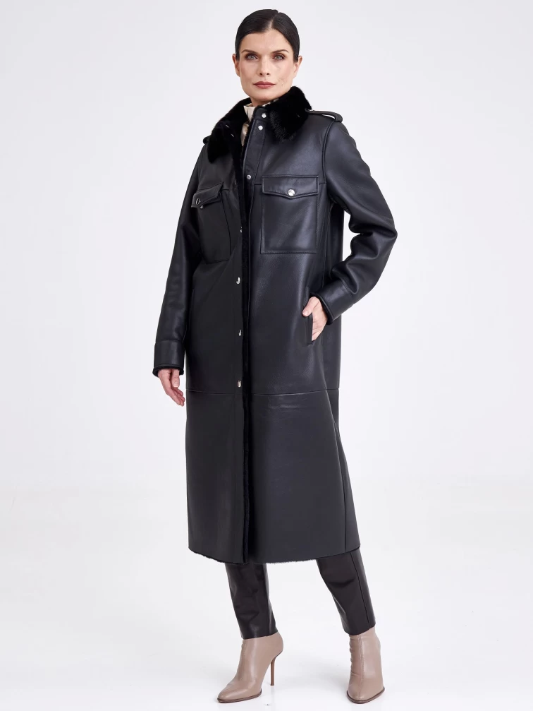 Женская дубленка рубашка с воротником из меха норки премиум класса 2016, черная, размер 44, артикул 62730-1