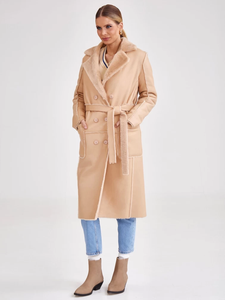 Дубленка женская двубортная премиум класса 2000, бежевая, размер 46, артикул 62400-5