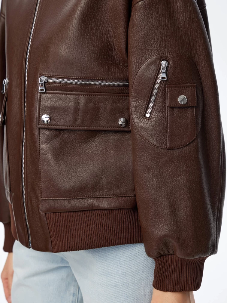 Короткая кожаная куртка бомбер для женщин премиум класса 3064, коричневая, размер 46, артикул 24030-2