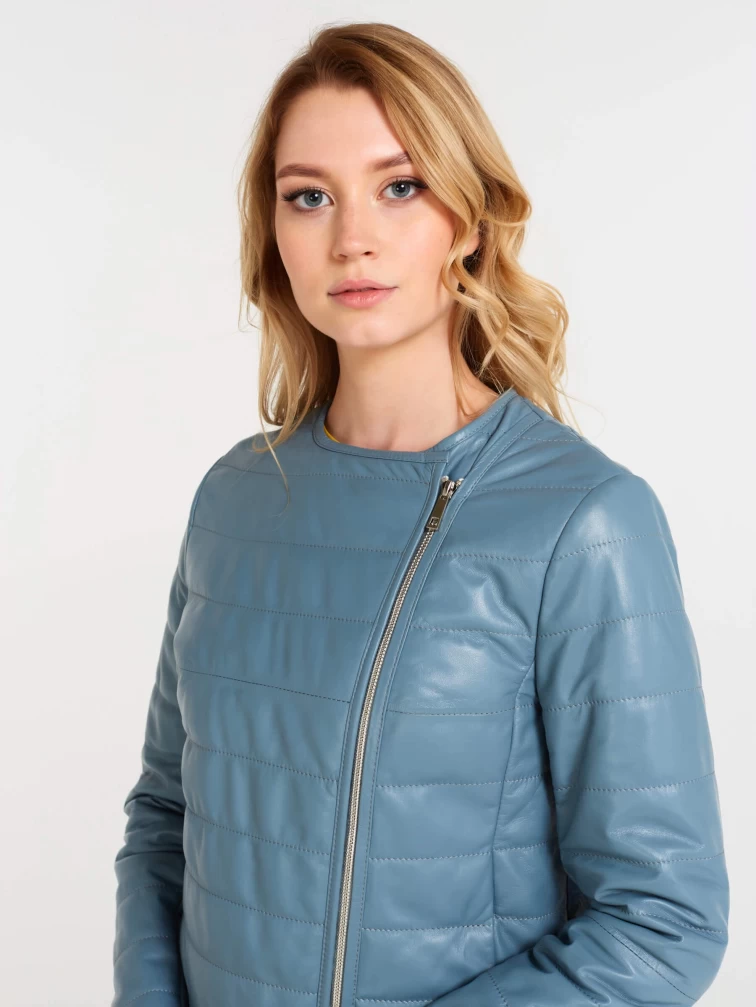 Утепленная кожаная женская косуха без воротника 306, голубая, размер 46, артикул 23610-2