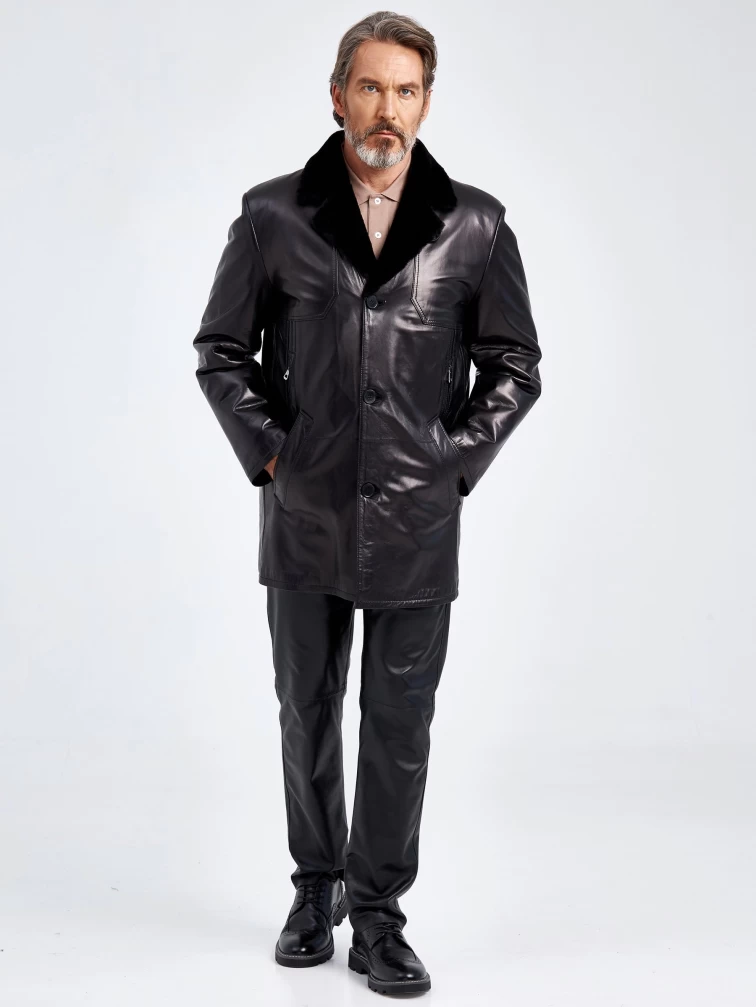 Зимнее мужское кожаное полупальто на подкладке из овчины 5704, черное, размер 48, артикул 40650-5