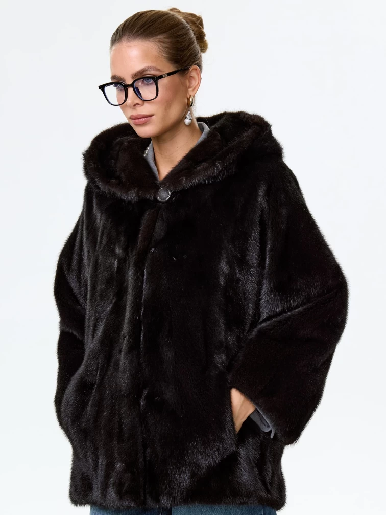 Норковая женская шуба автоледи с капюшоном Яна(к), черная, размер 48, артикул 34150-6